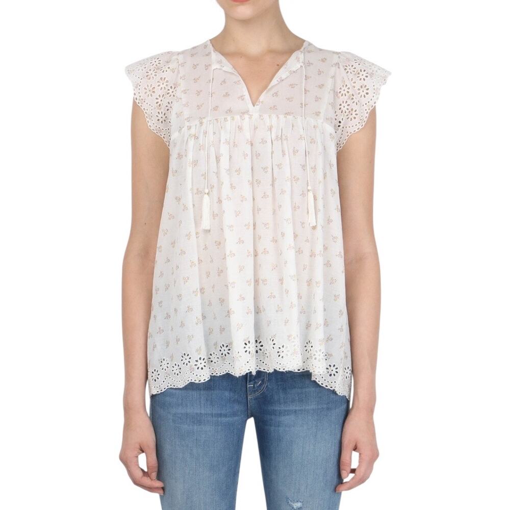 Ulla Johnson Mae Blouse 4 Floral Print Cotton Eyelet Cap Sleeve Top White Spring